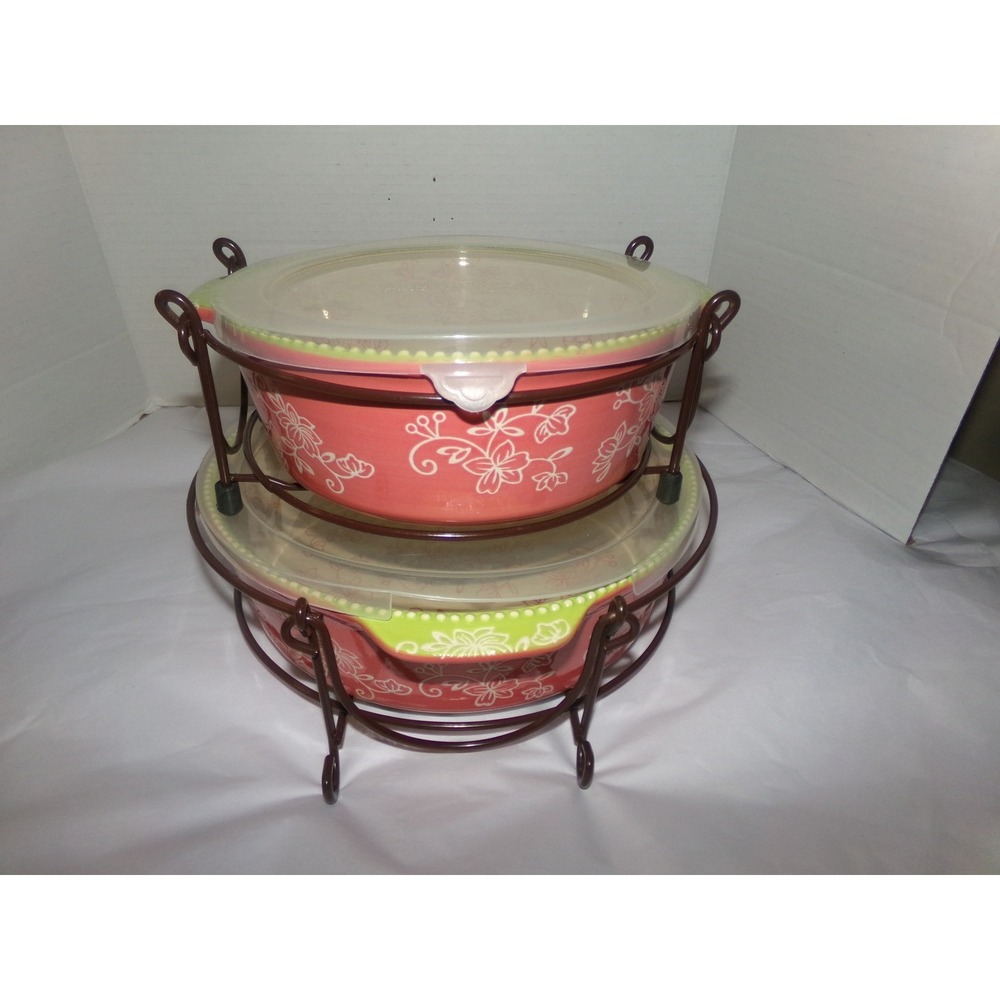 Temptations Floral Lace 6pc Round Casserole Set Coral Lime with Lids & Racks